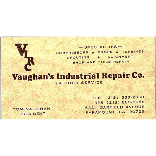 Vaughan's Industrial Repair Tom Vaughan's Paramount Vintage Business Card SB4-B8