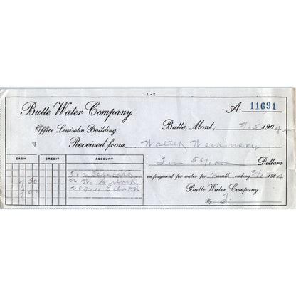 1904 Butte Water Company Bank Check Butte Montana Walter Wochinsky AE8