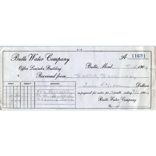 1904 Butte Water Company Bank Check Butte Montana Walter Wochinsky AE8
