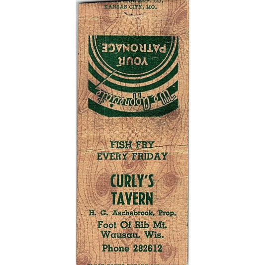 Curly's Tavern H.G. Aschebrook Wausau WI Vintage Matchbook Cover SF3-Y6