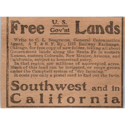 Free US Gov't Land - Southwest and California 1906 Original Ad AB6-CL1