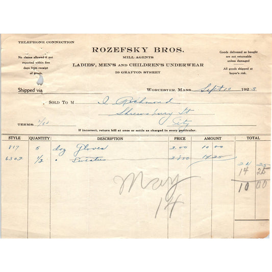 Rozefsky Bros Clothing Worcester 1923 Original Billhead Letterhead Receipt D8-LL