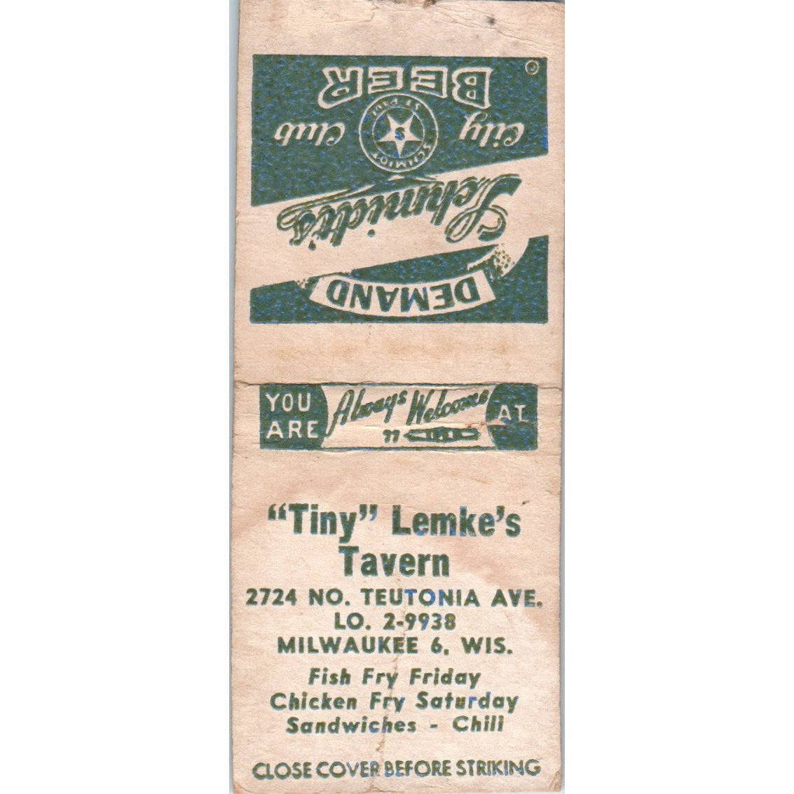 Tiny Lemke's Tavern Milwaukee WI Vintage Matchbook Cover SD2-Y14