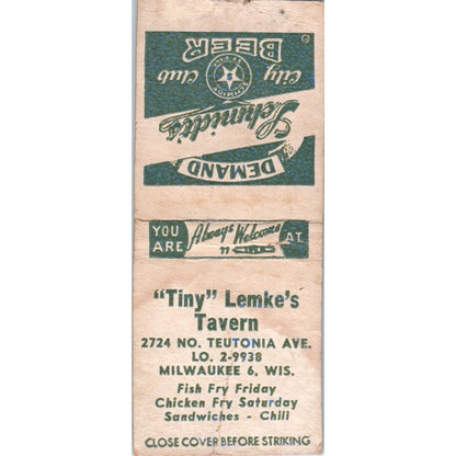 Tiny Lemke's Tavern Milwaukee WI Vintage Matchbook Cover SD2-Y14
