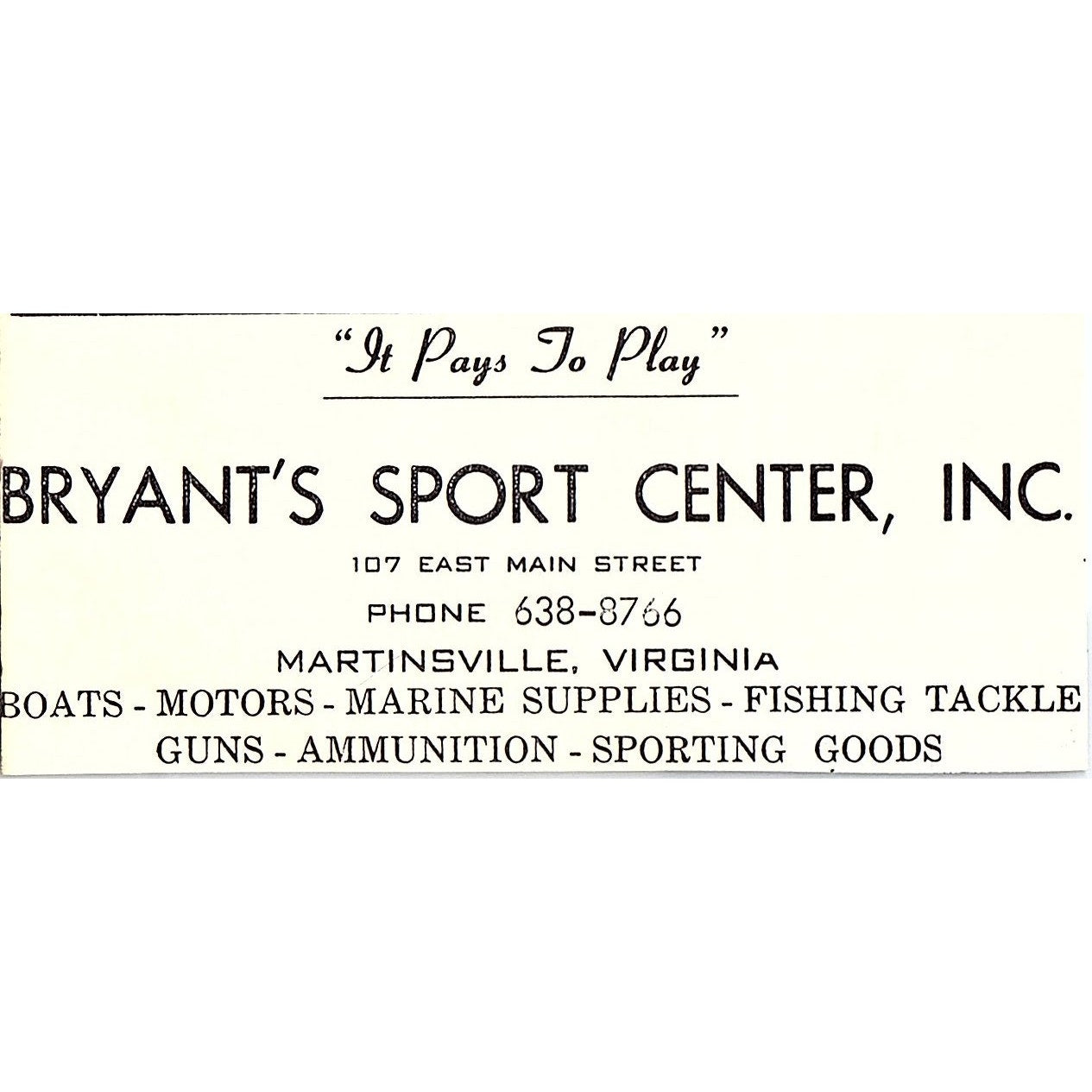Bryant's Sport Center Inc 107 E. Main Street Martinsville VA 1960s Ad AG2-M4