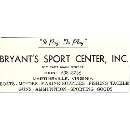 Bryant's Sport Center Inc 107 E. Main Street Martinsville VA 1960s Ad AG2-M4