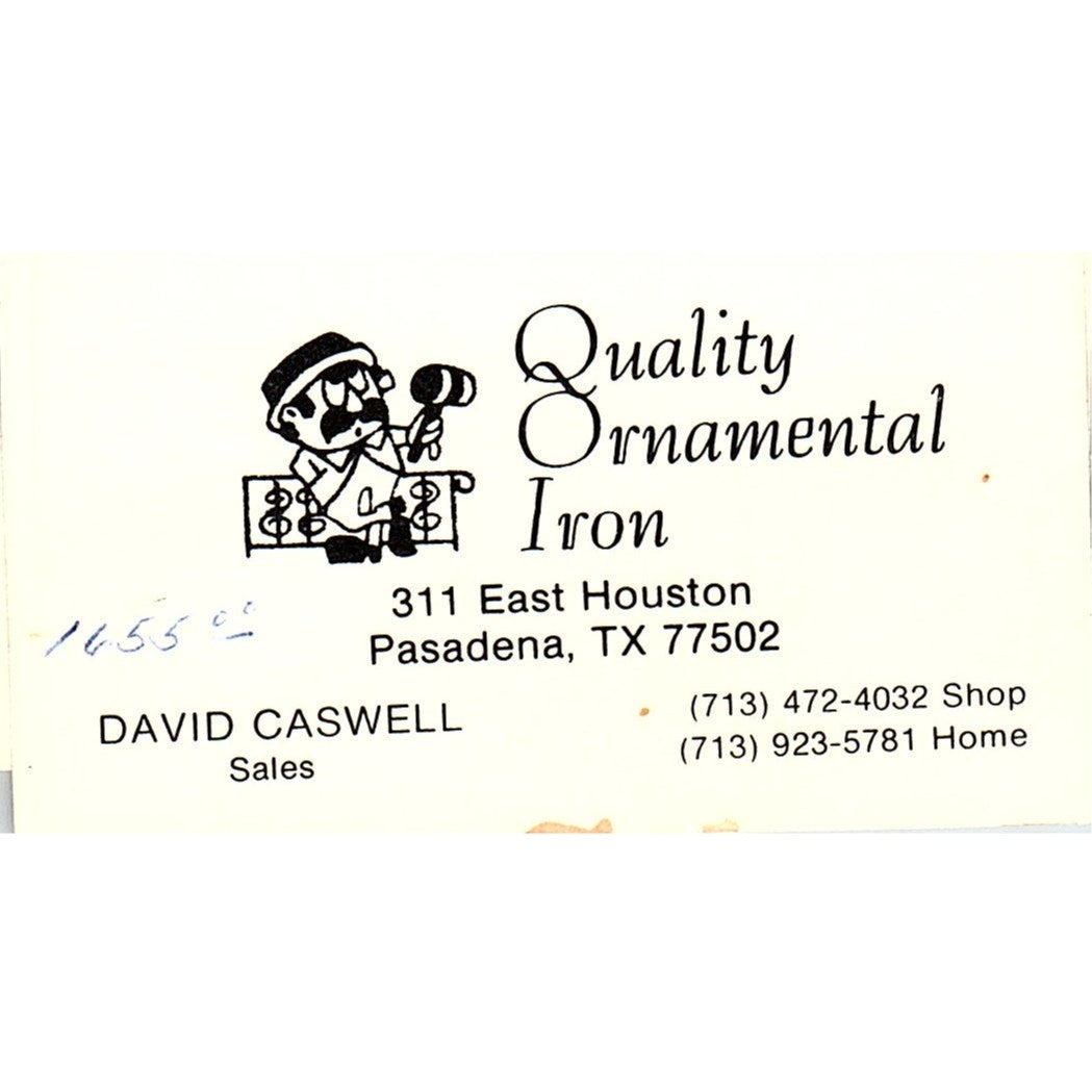 David Caswell Quality Ornamental Iron Pasadena TX Vintage Business Card SC9-B6