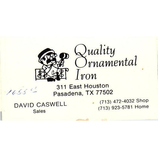 David Caswell Quality Ornamental Iron Pasadena TX Vintage Business Card SC9-B6
