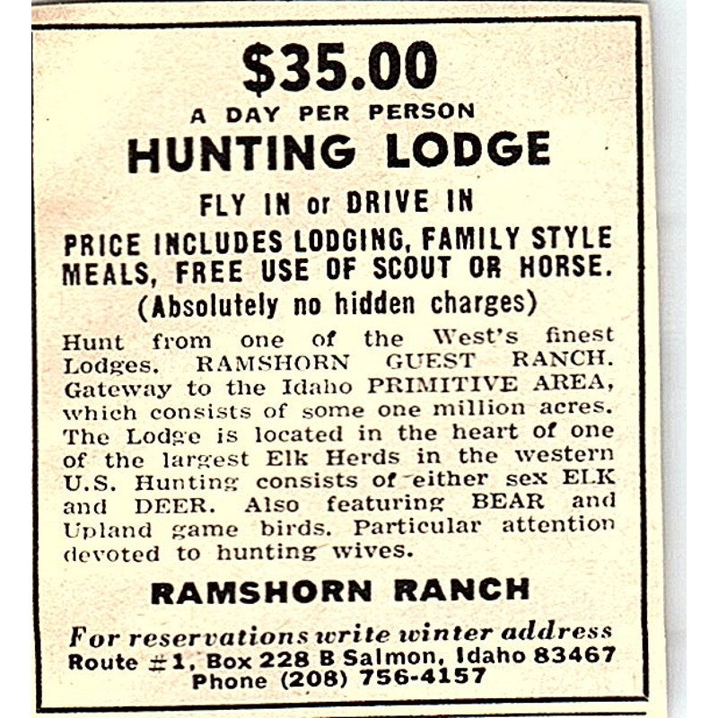 Ramshorn Ranch Hunting Lodge Salmon Idaho 1977 Ad AF6-M3