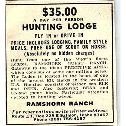 Ramshorn Ranch Hunting Lodge Salmon Idaho 1977 Ad AF6-M3