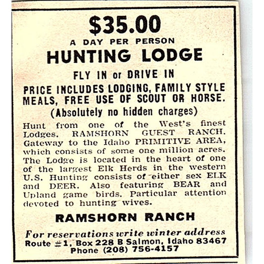 Ramshorn Ranch Hunting Lodge Salmon Idaho 1977 Ad AF6-M3