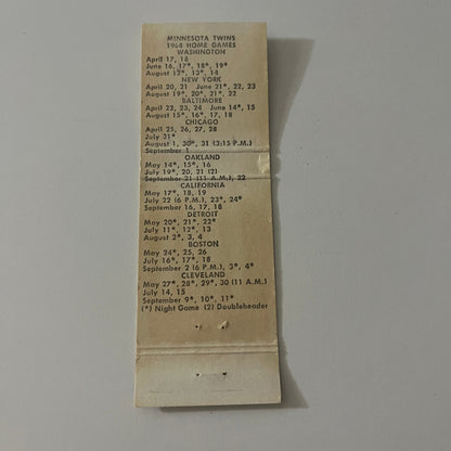 Minnesota Twins Baseball Schedule 1968 MN Vintage Matchbook Cover MB42-6