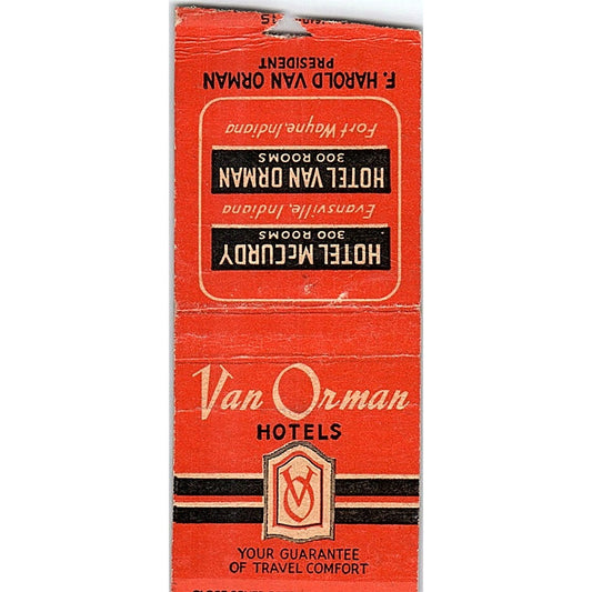 F. Harold Van Orman Hotels Fort Wayne IN Vintage Matchbook Cover SF3-Y3