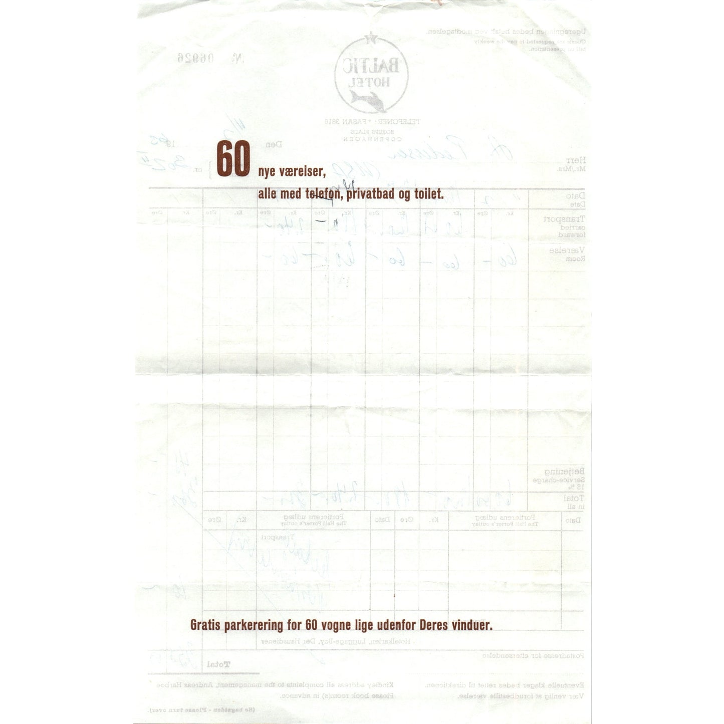 1960s Baltic Hotel Copenhagen Borups Plads Receipt Letterhead AF7-E10