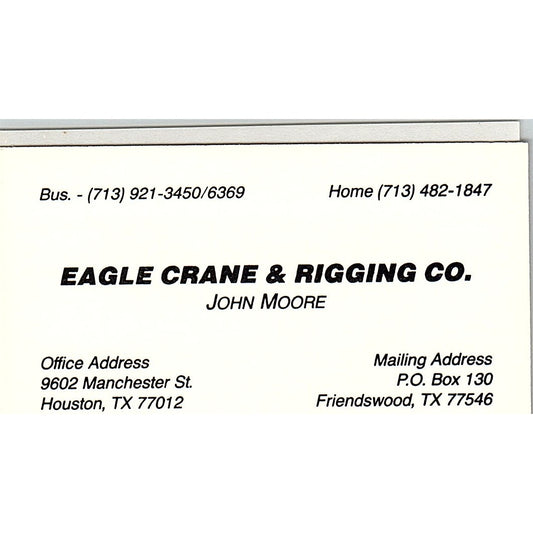 Eagle Crane & Rigging Co John Moore Houston Vintage Business Card SD9-B13