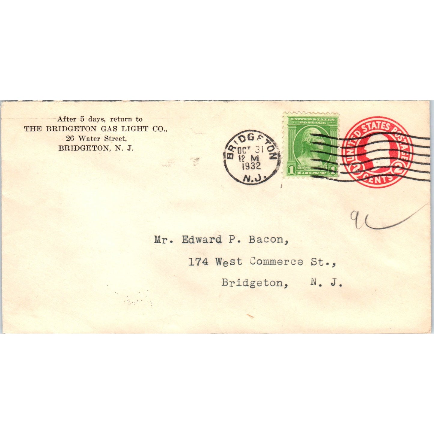 1932 Bridgeton Gas Light Co to Edward P. Bacon NJ Postal Cover Envelope TG7-PC3