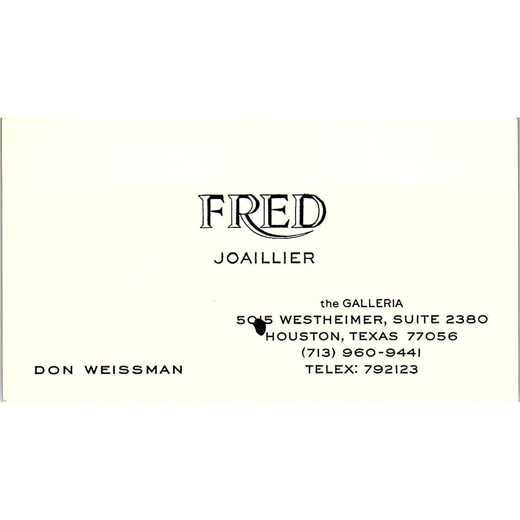 Fred Joaillier Don Weissman Houston Texas Vintage Business Card SB4-B1