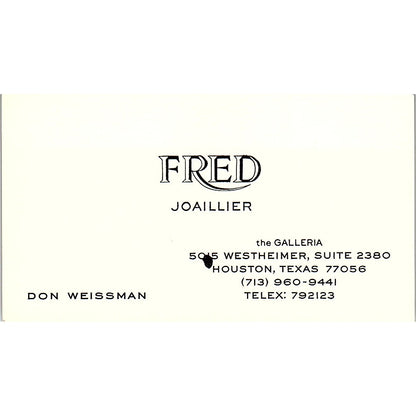 Fred Joaillier Don Weissman Houston Texas Vintage Business Card SB4-B1