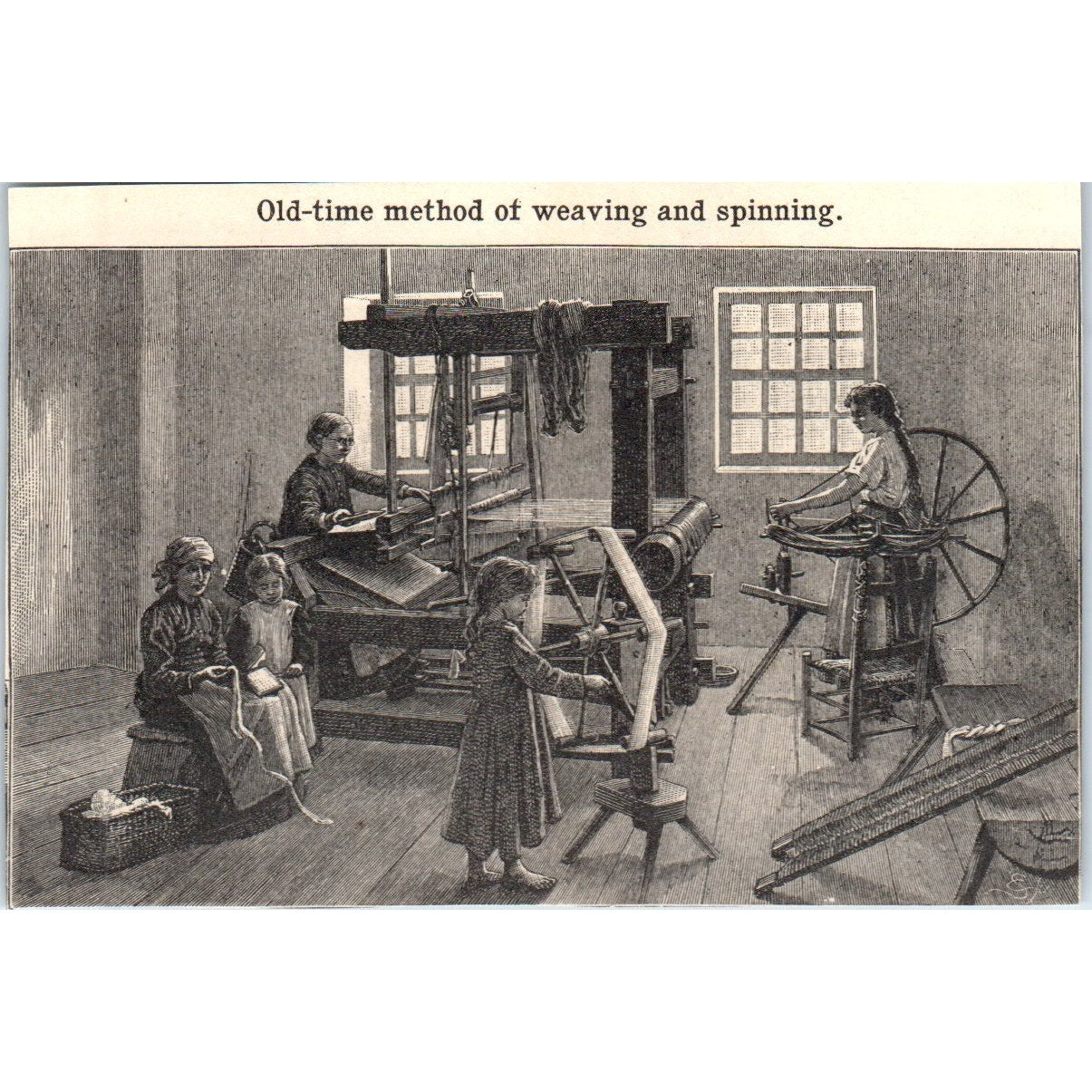 Old-Time Method of Weaving and Spinning 1901 Engraving AF2-P2