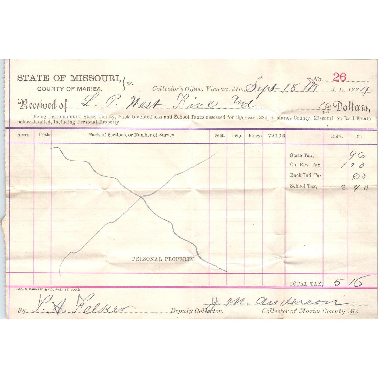 1884 Missouri County of Maries Tax Collector Receipt Vienna MO AE7