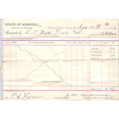 1884 Missouri County of Maries Tax Collector Receipt Vienna MO AE7