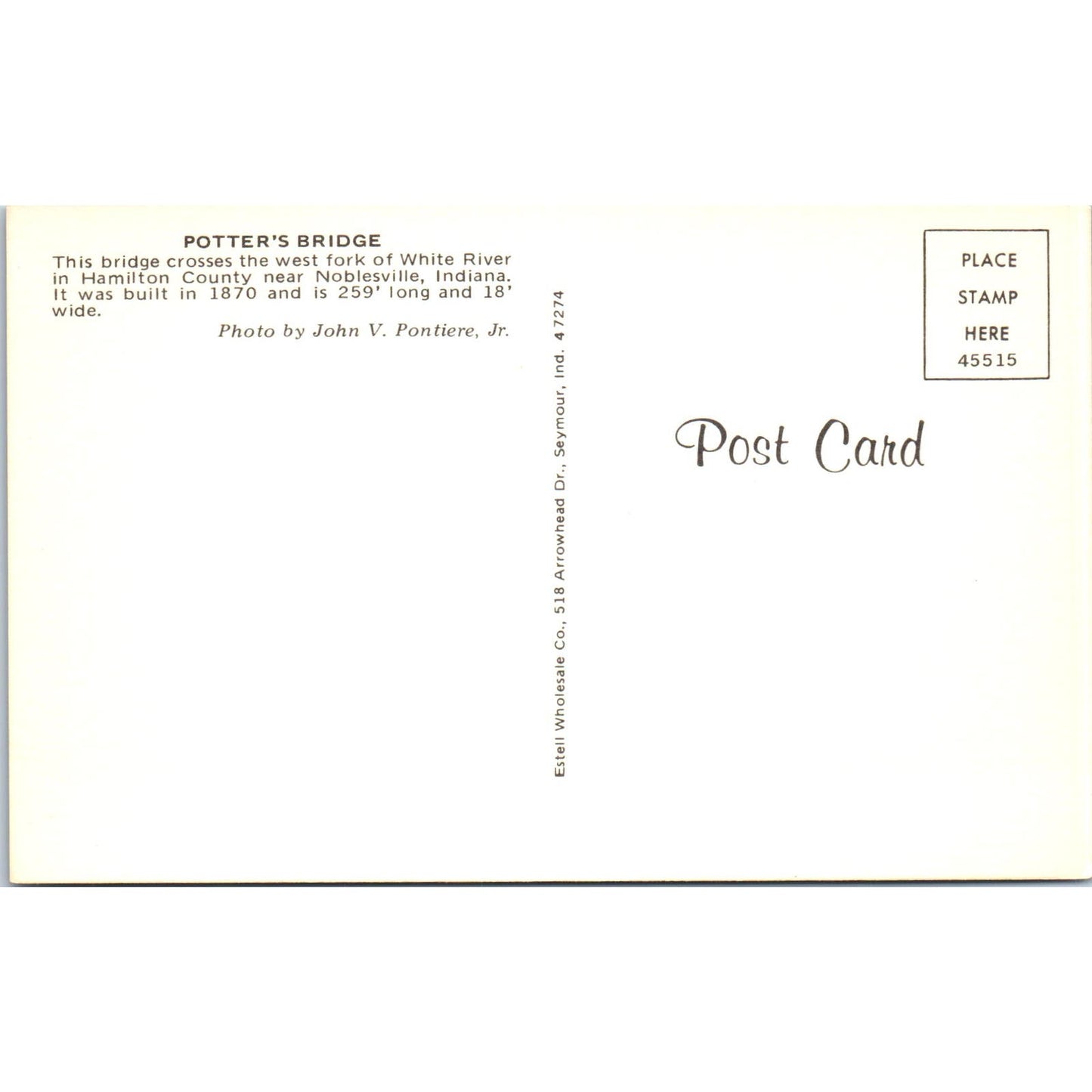 Potter's Bridge Hamilton County Noblesville Indiana Covered Bridge Postcard PC7