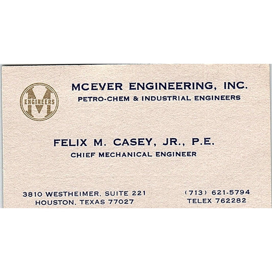 Mcever Engineering Felix M. Casey Jr Houston texas Vintage Business Card SF3-B5