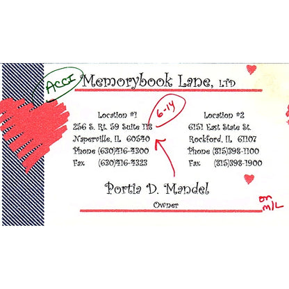 Portia D Mandel Memorybook Lane Ltd Naperville, Rockford IL Business Card SC9-B8