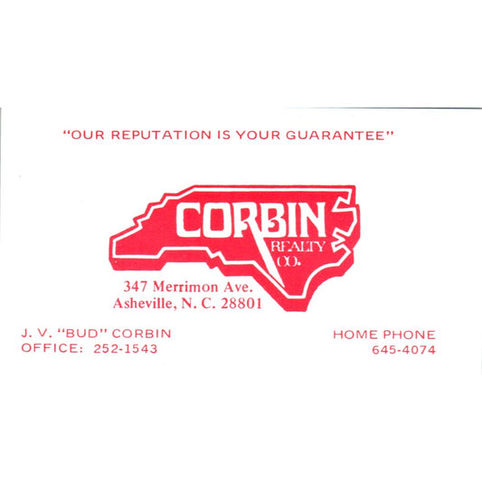 J.V. "Bud" Corbin Realty Co Asheville NC Vintage Business Card SD8-B1