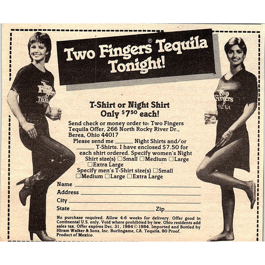 Two Fingers Tequila Shirt - Berea Ohio 1984 Ad AF8-H1