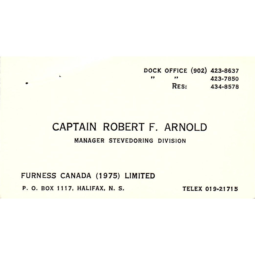 Captain Robert F Arnold Furness Canada Ltd Halifax NS Vtg Business Card SC9-B4