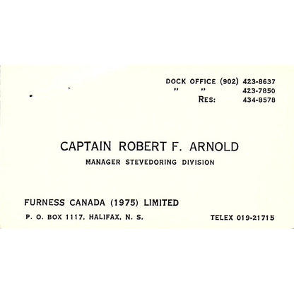 Captain Robert F Arnold Furness Canada Ltd Halifax NS Vtg Business Card SC9-B4