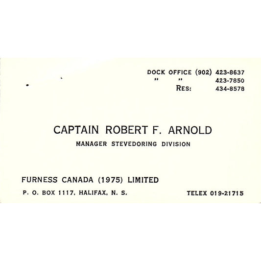 Captain Robert F Arnold Furness Canada Ltd Halifax NS Vtg Business Card SC9-B4