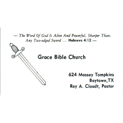 Grace Bible Church Roy A. Cloudt Pastor Baytown TX Vintage Business Card SD8-B4
