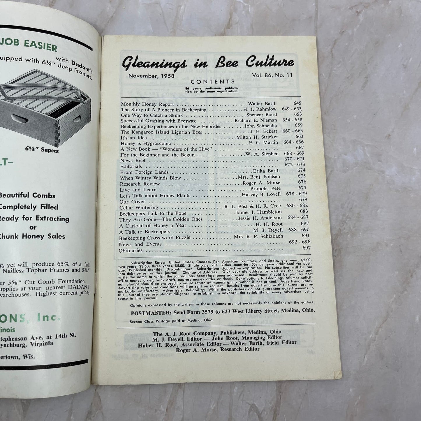 1958 Nov Gleanings in Bee Culture Beekeeping Magazine A.I. Root Co Medina OH TD5