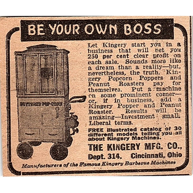 The Kingery Mfg Co Popcorn Poppers, Peanut Roasters Cincinnati OH 1926 Ad AG3-M2
