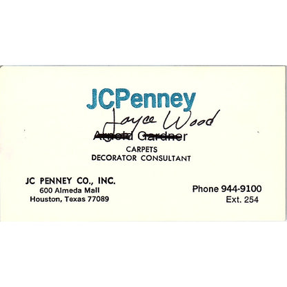 JC Penney Joyce Wood Houston Texas Vintage Business Card SB4-B8