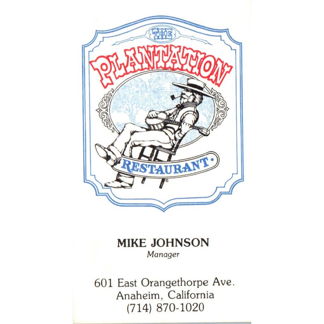 The Plantation Restaurant Mike Johnson Anaheim CA Vintage Business Card SD8-B6