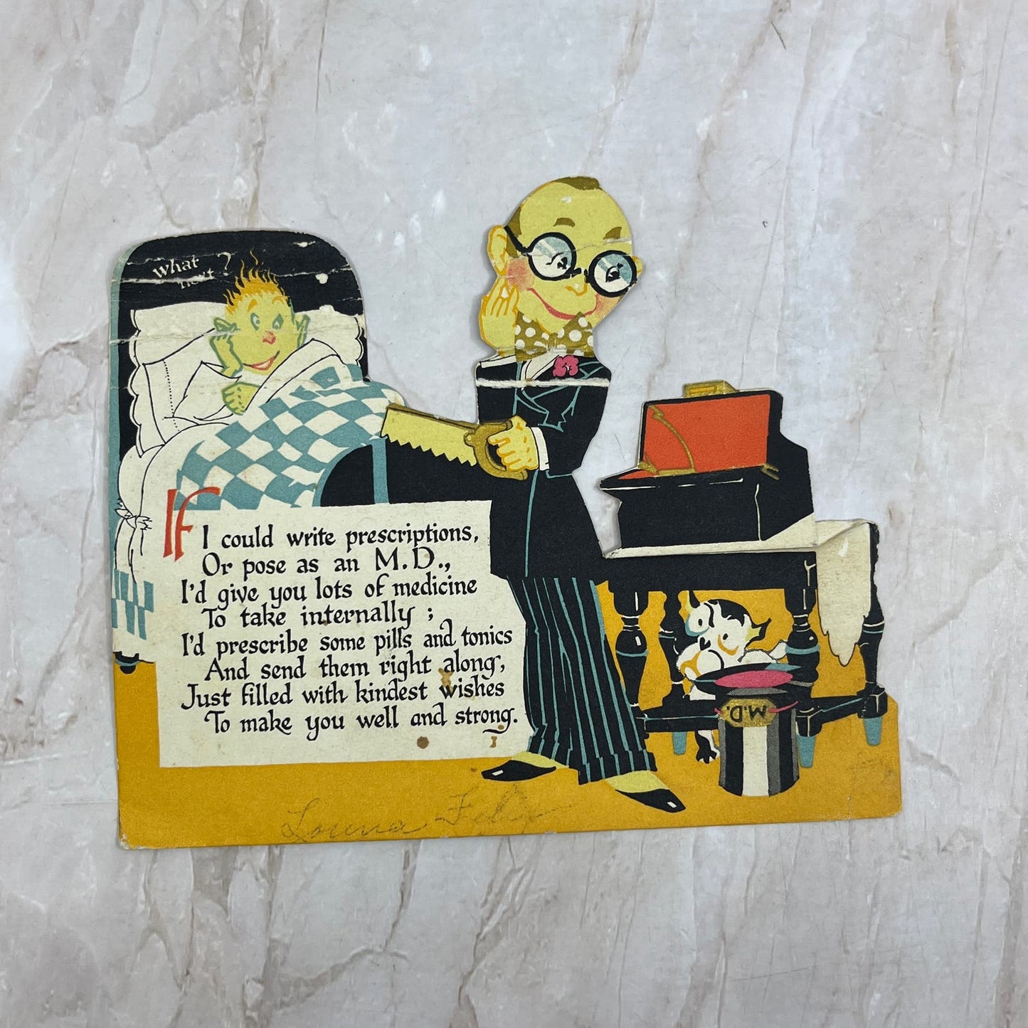 Vintage Die Cut Get Well Soon Greeting Card Doctor House Call AE4