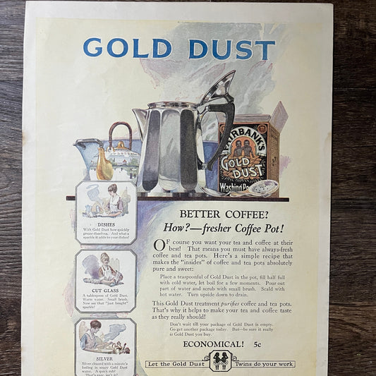 Gold Dust Coffee & Tea Pot Cleaner N.K. Fairbank Co Vintage Magazine Ad 10x13 V7