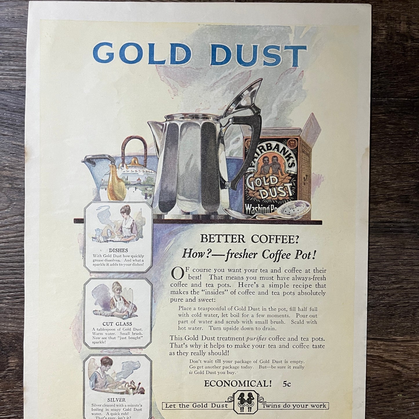 Gold Dust Coffee & Tea Pot Cleaner N.K. Fairbank Co Vintage Magazine Ad 10x13 V7