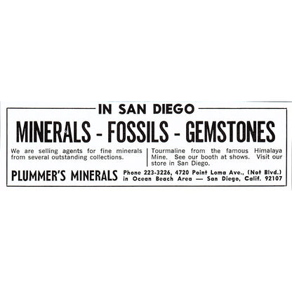 Plummer's Minerals Rock Shop San Diego CA 1972 Ad AF8-M4