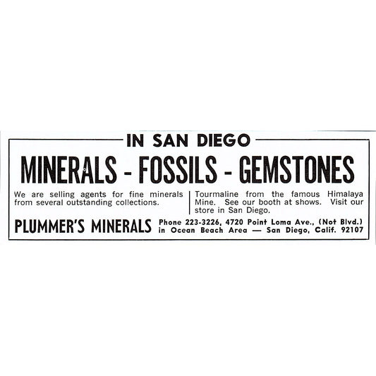 Plummer's Minerals Rock Shop San Diego CA 1972 Ad AF8-M4