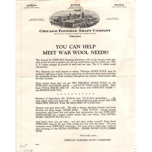 1940s WWII Chicago Flexible Shaft Company Letterhead War Wool Needs D10