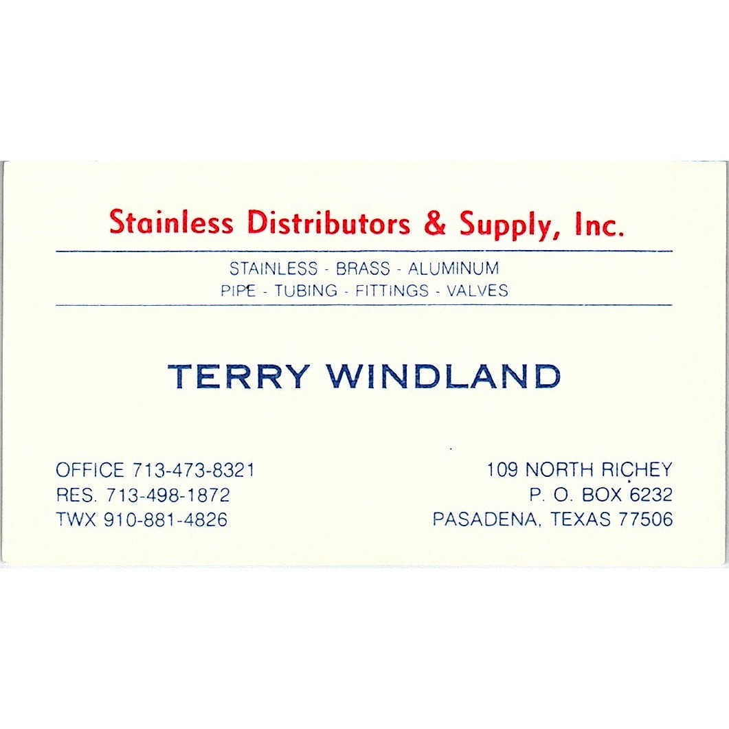Stainless Distributors & Supply Terry Windland Pasadena TX Business Card SB4-B11
