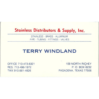Stainless Distributors & Supply Terry Windland Pasadena TX Business Card SB4-B11