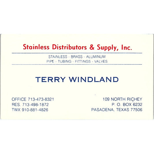 Stainless Distributors & Supply Terry Windland Pasadena TX Business Card SB4-B11
