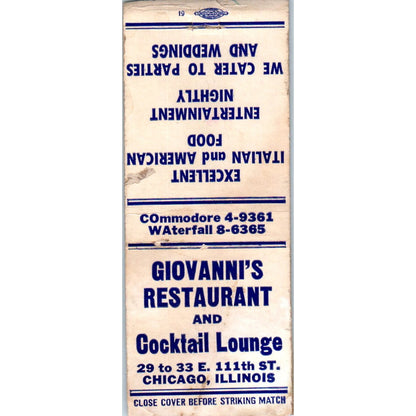 Giovanni's Restaurant & Lounge Chicago IL Vintage Matchbook Cover SD2-Y8