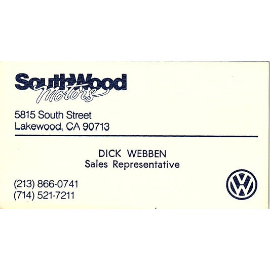Dick Webben SouthWood Motors Volkswagen Lakewood CA Vintage Business Card SD9-B9