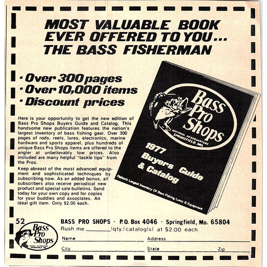 Bass Pro Shops 1977 Catalog Promo Springfield MO 1977 Ad AF6-5